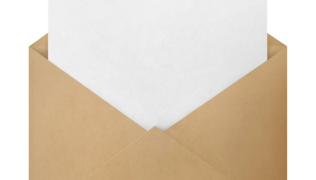 Open brown envelope with a blank paper inside, isolated on white background